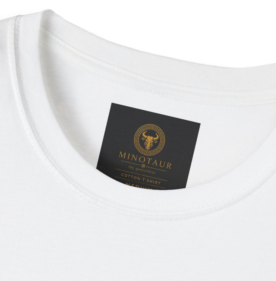 The gold Minotaur by Greecebio neck label stitched inside a white cotton tee