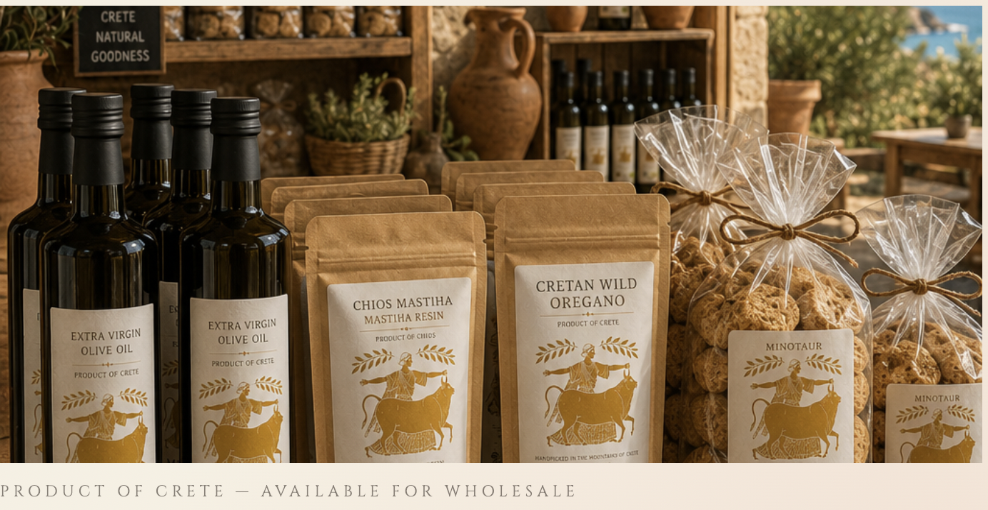 Minotaur Cretan products — olive oil, masticha, oregano and biscuits available for wholesale